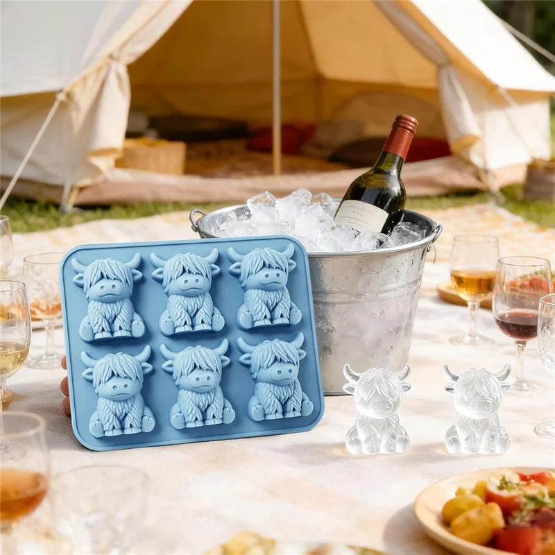 Forma de Gelo de Vaca Highland 6 Células, Molde em Silicone Alimentar 3D para Chocolate, Doces, Geleia (Sem BPA, Sem FDA) - Azul