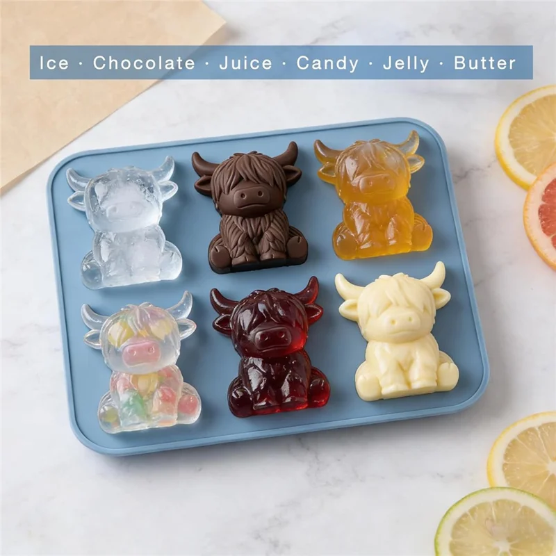Forma de Gelo de Vaca Highland 6 Células, Molde em Silicone Alimentar 3D para Chocolate, Doces, Geleia (Sem BPA, Sem FDA) - Azul