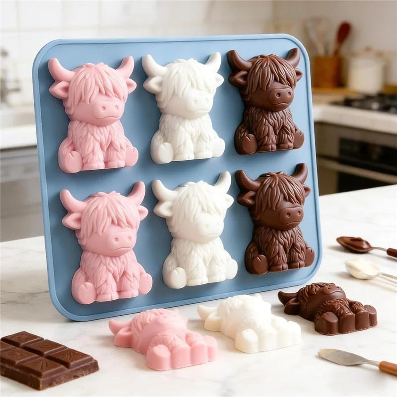 Forma de Gelo de Vaca Highland 6 Células, Molde em Silicone Alimentar 3D para Chocolate, Doces, Geleia (Sem BPA, Sem FDA) - Azul