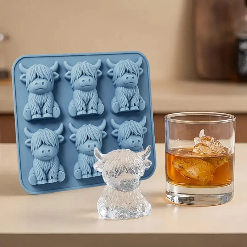 Forma de Gelo de Vaca Highland 6 Células, Molde em Silicone Alimentar 3D para Chocolate, Doces, Geleia (Sem BPA, Sem FDA) - Azul