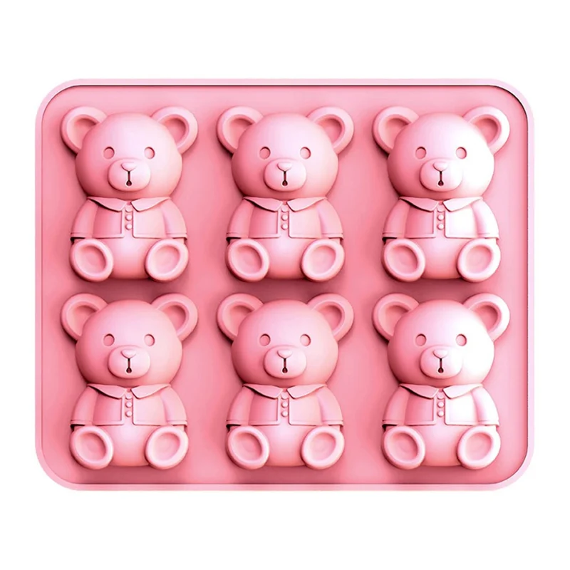 6 Grids Bear Ice Cube Tray Food Grade Silicone Ice Mold for Chocolate Jelly Pudding Baking (BPA Free, No FDA) - Pink