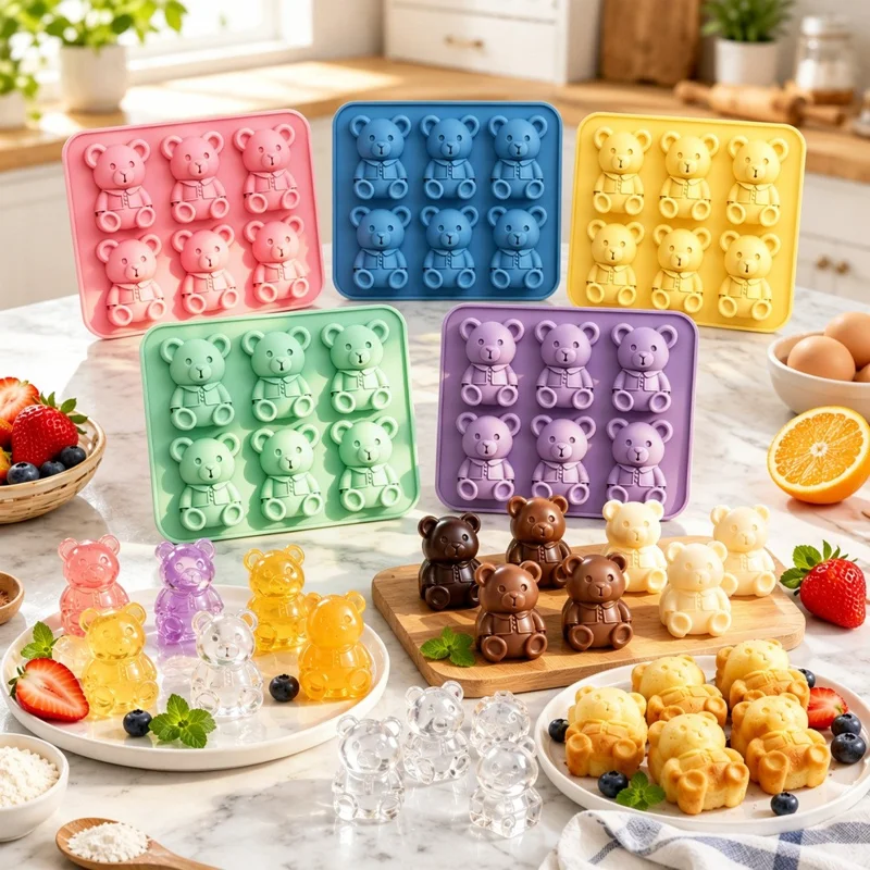 6 Grids Bear Ice Cube Tray Food Grade Silicone Ice Mold for Chocolate Jelly Pudding Baking (BPA Free, No FDA) - Pink