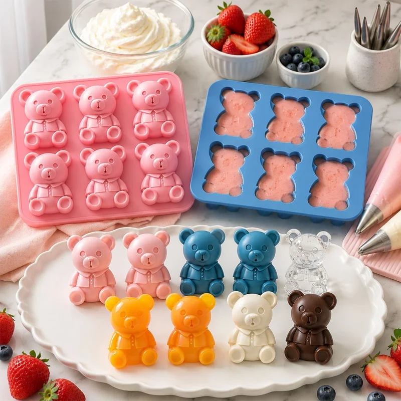 6 Grids Bear Ice Cube Tray Food Grade Silicone Ice Mold for Chocolate Jelly Pudding Baking (BPA Free, No FDA) - Pink