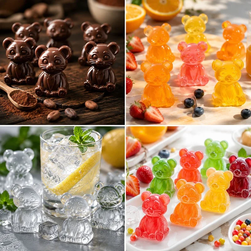 6 Grids Bear Ice Cube Tray Food Grade Silicone Ice Mold for Chocolate Jelly Pudding Baking (BPA Free, No FDA) - Pink