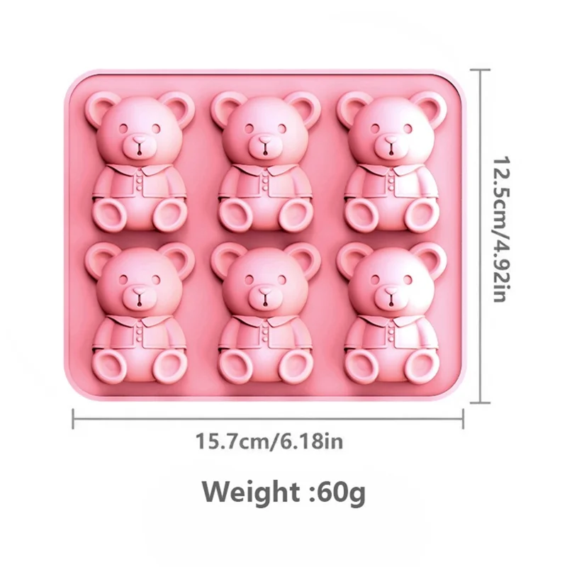 6 Grids Bear Ice Cube Tray Food Grade Silicone Ice Mold for Chocolate Jelly Pudding Baking (BPA Free, No FDA) - Pink
