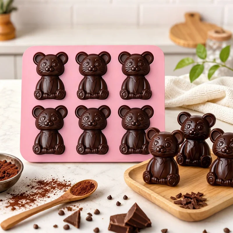 6 Grids Bear Ice Cube Tray Food Grade Silicone Ice Mold for Chocolate Jelly Pudding Baking (BPA Free, No FDA) - Pink
