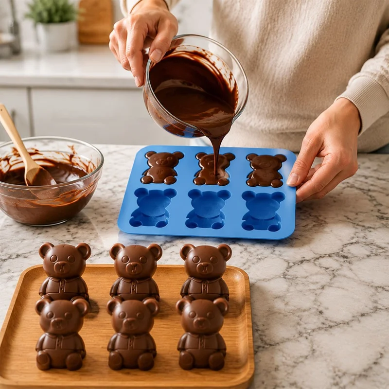 6 Grids Bear Ice Cube Tray Food Grade Silicone Ice Mold for Chocolate Jelly Pudding Baking (BPA Free, No FDA) - Pink