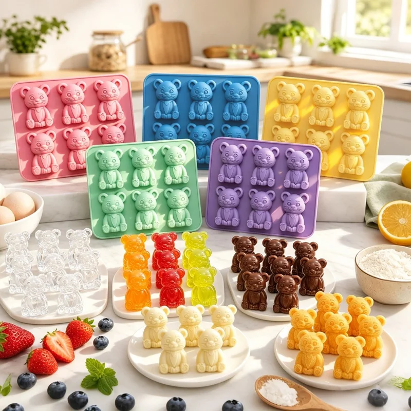 6 Grids Bear Ice Cube Tray Food Grade Silicone Ice Mold for Chocolate Jelly Pudding Baking (BPA Free, No FDA) - Pink
