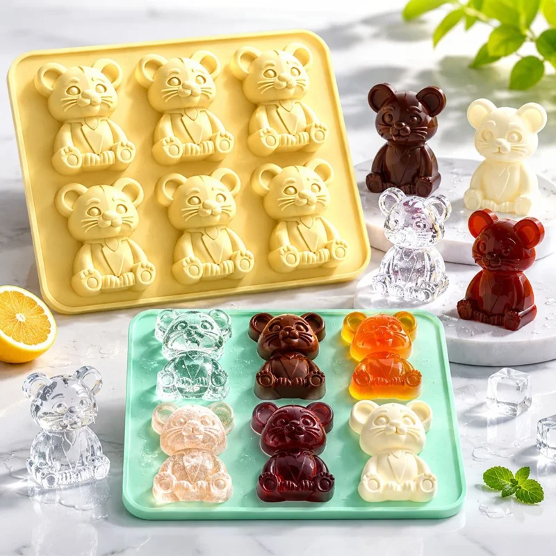 6 Grids Bear Ice Cube Tray Food Grade Silicone Ice Mold for Chocolate Jelly Pudding Baking (BPA Free, No FDA) - Pink