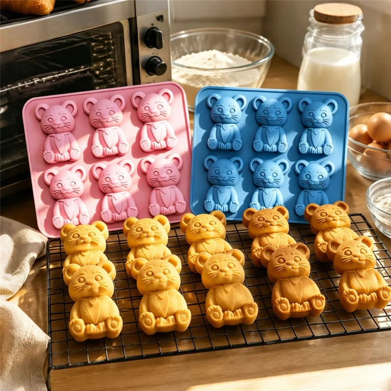 6 Grids Bear Ice Cube Tray Food Grade Silicone Ice Mold for Chocolate Jelly Pudding Baking (BPA Free, No FDA) - Pink