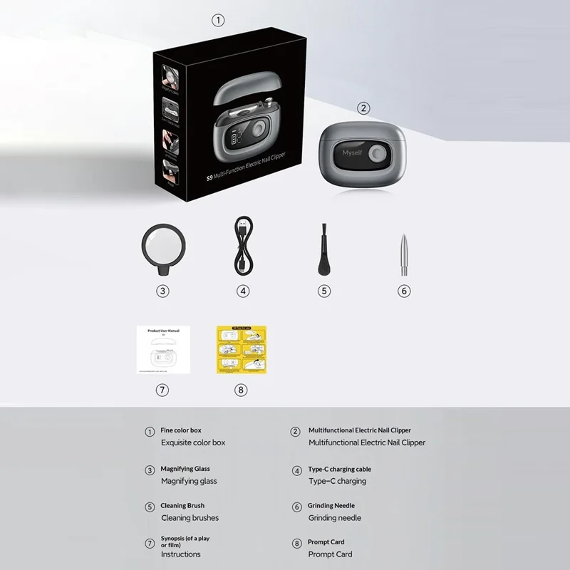 S9 Digital Display USB-C Electric Nail Clipper 4 Cutting Heads with LED Light Magnifying Glass - Dark Grey