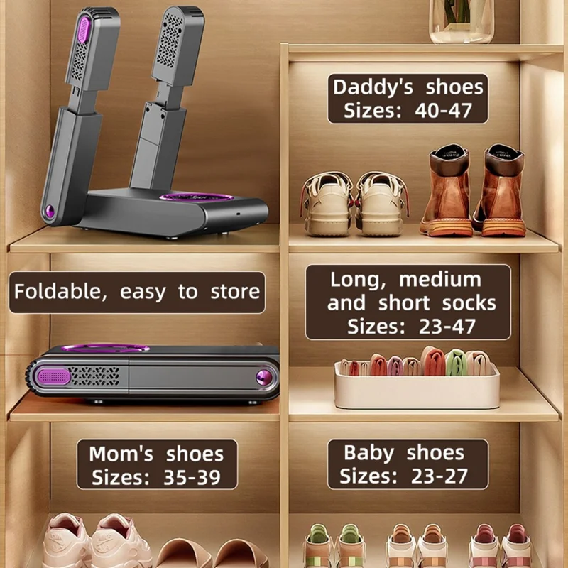 HXQ-02 360 Degree Circulation Foldable Electric Shoe Dryer 48 Degree Celsius Thermostat with Timer - Grey / EU Plug