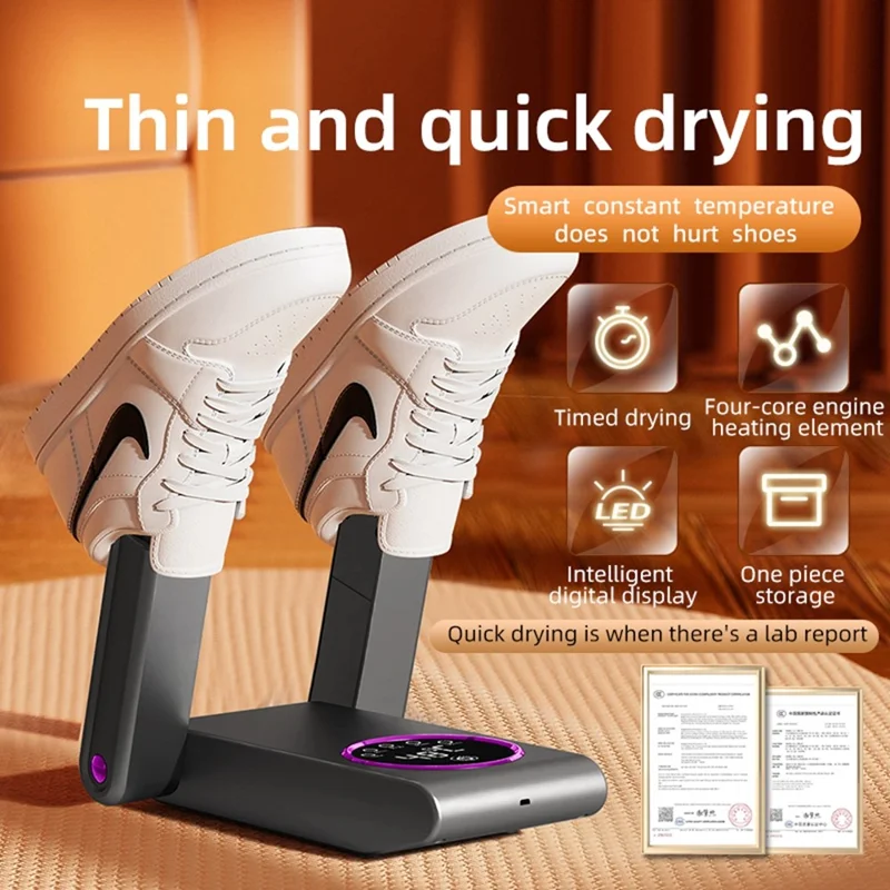 HXQ-02 360 Degree Circulation Foldable Electric Shoe Dryer 48 Degree Celsius Thermostat with Timer - Grey / EU Plug