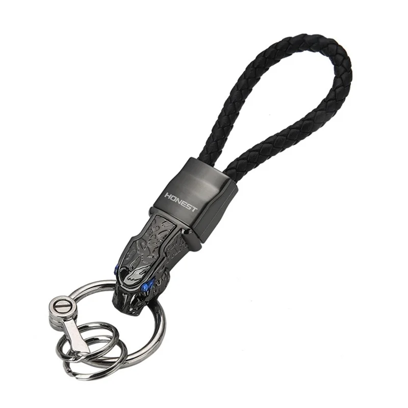 HONEST bck2-648B Porte-clés Tête de Léopard en Alliage de Zinc avec Zircone Cubique et Rotation à 360° - Noir