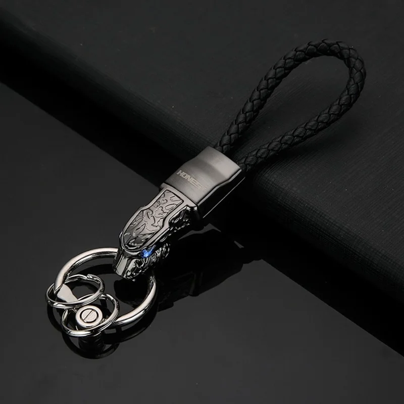 HONEST bck2-648B Porte-clés Tête de Léopard en Alliage de Zinc avec Zircone Cubique et Rotation à 360° - Noir