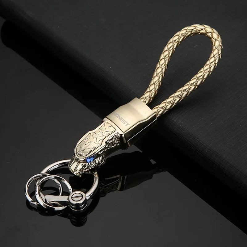 HONEST 3D Leopard Head Keychain Zinc Alloy 360 Degree Rotating Car Key Ring with Cubic Zirconia Decor - Gold