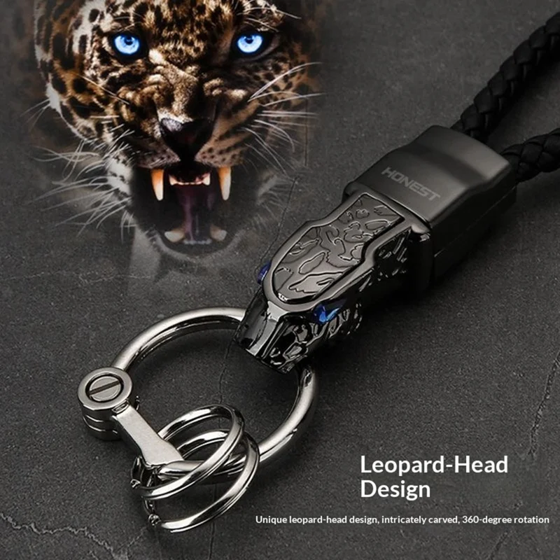 HONEST 3D Leopard Head Keychain Zinc Alloy 360 Degree Rotating Car Key Ring with Cubic Zirconia Decor - Gold