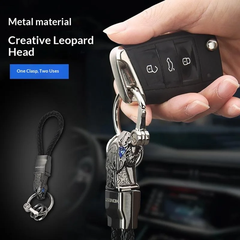 HONEST 3D Leopard Head Keychain Zinc Alloy 360 Degree Rotating Car Key Ring with Cubic Zirconia Decor - Gold