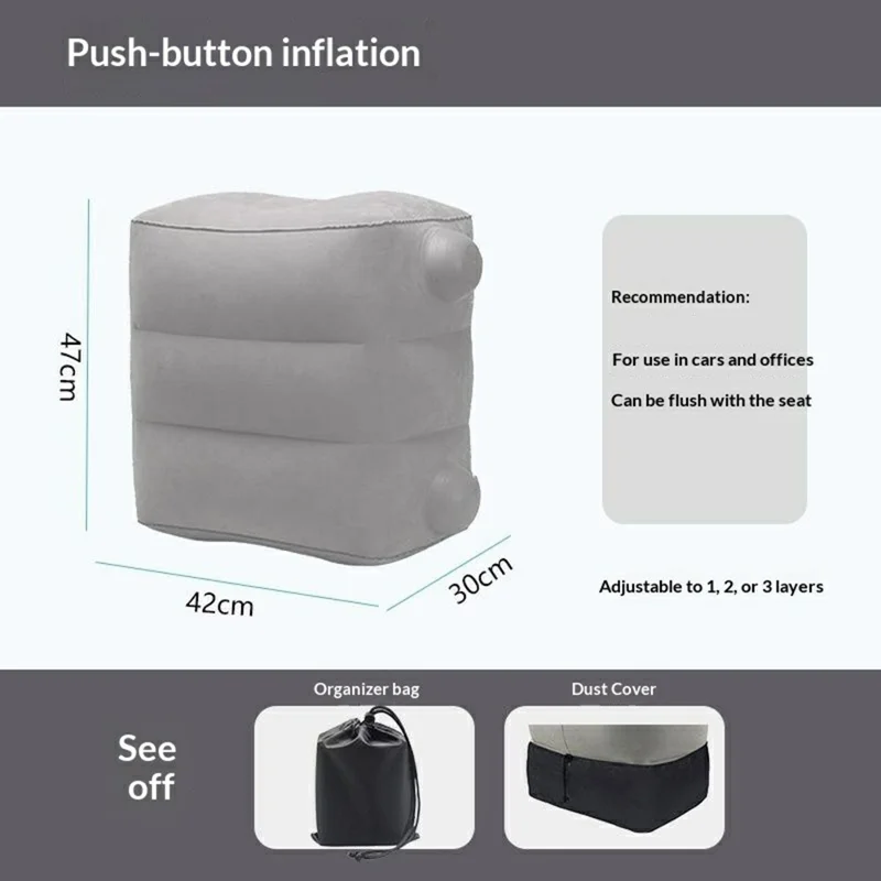 3-Level Adjustable Inflatable Foot Rest Push-to-Inflate Portable Foot Cushion for Travel - Grey