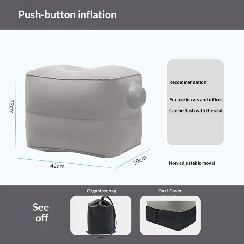 2-Level Non-adjustable Inflatable Foot Rest Push-to-Inflate Portable Foot Cushion for Travel - Grey