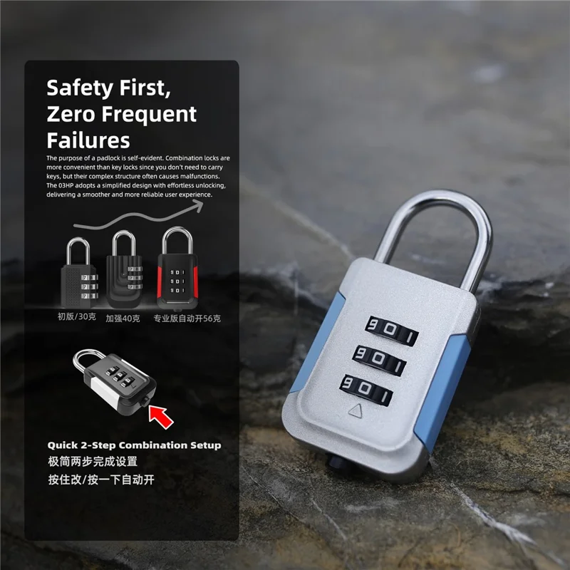 03HP Zinc Alloy 3-Digit Combination Padlock One-Touch Auto Open Keyless for Luggage Backpack - White+Black