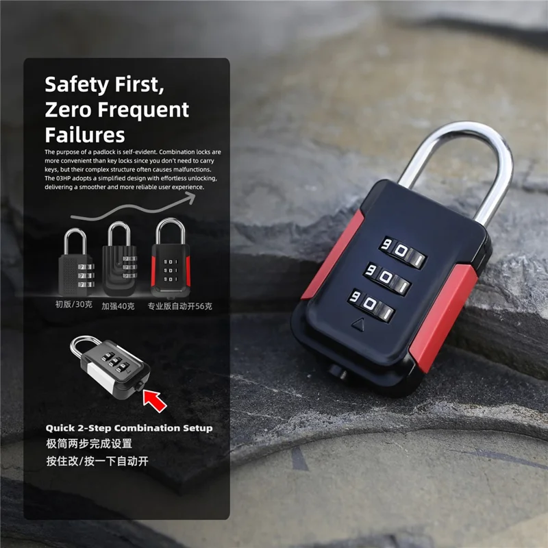 03HP Zinc Alloy 3-Digit Combination Padlock One-Touch Auto Open Keyless for Luggage Backpack - White+Black