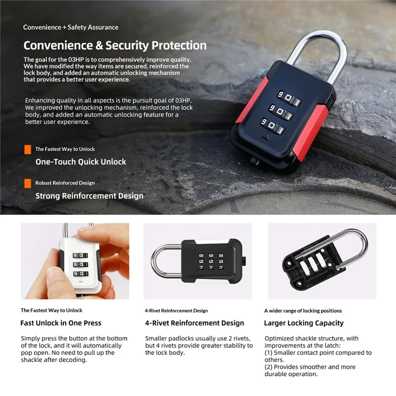 03HP Zinc Alloy 3-Digit Combination Padlock One-Touch Auto Open Keyless for Luggage Backpack - White+Black
