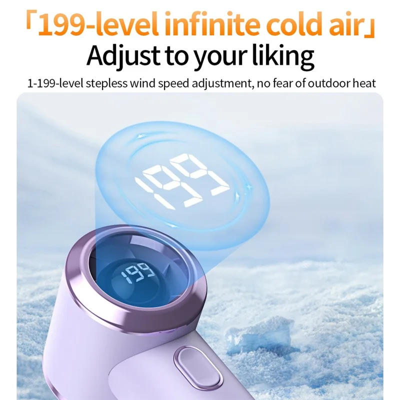 T-236 Mini ventilateur 199 niveaux sans étape 20 m/s Affichage numérique Ventilateur portable main et bureau - Violet