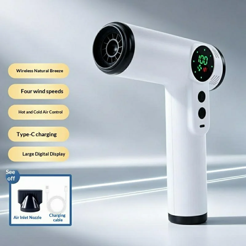 Rechargeable Cordless Hair Dryer 200W Hot  /  Cold 4-Speed LED Digital Display for Travel - White