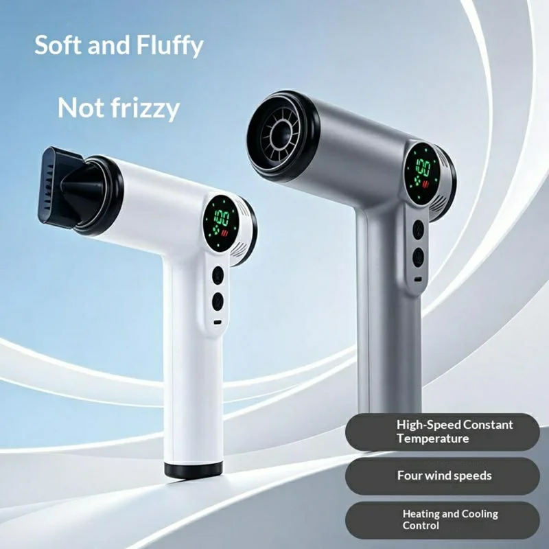 Rechargeable Cordless Hair Dryer 200W Hot  /  Cold 4-Speed LED Digital Display for Travel - White