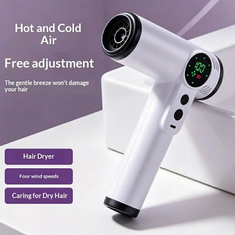 Rechargeable Cordless Hair Dryer 200W Hot  /  Cold 4-Speed LED Digital Display for Travel - White