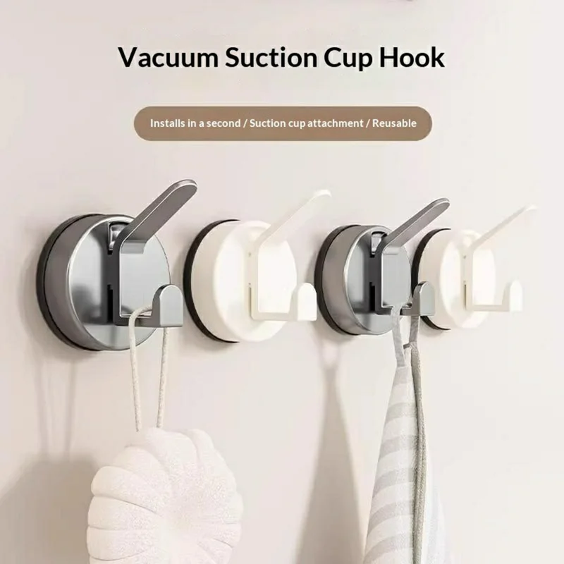 Vacuum Suction Cup Double Hook No-Drill Reusable Wall Hanger for Bathroom Kitchen - Tarnish Grey