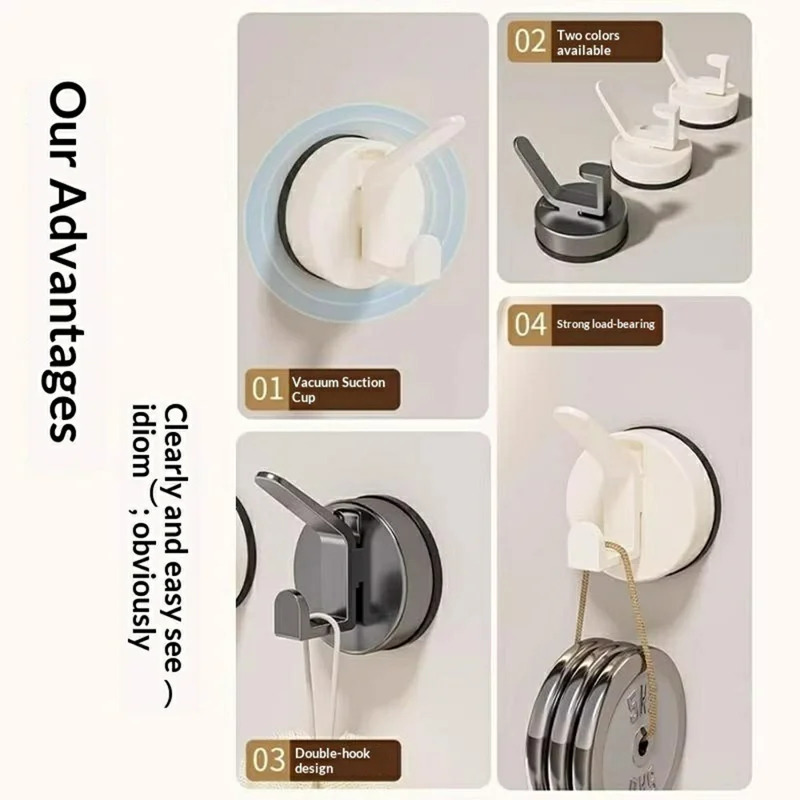 Vacuum Suction Cup Double Hook No-Drill Reusable Wall Hanger for Bathroom Kitchen - Tarnish Grey