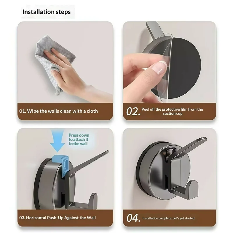 Vacuum Suction Cup Double Hook No-Drill Reusable Wall Hanger for Bathroom Kitchen - Tarnish Grey