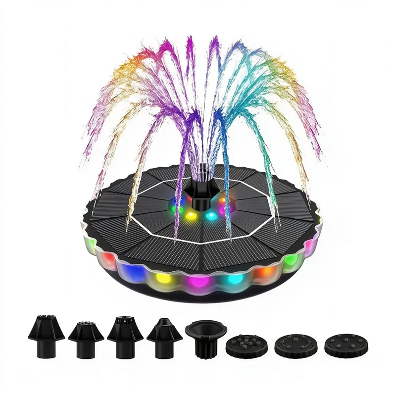 SP32D Solar Floating Fountain 32 LEDs 7-Color Changing 1200mAh Battery for Garden Pool Pond - Black