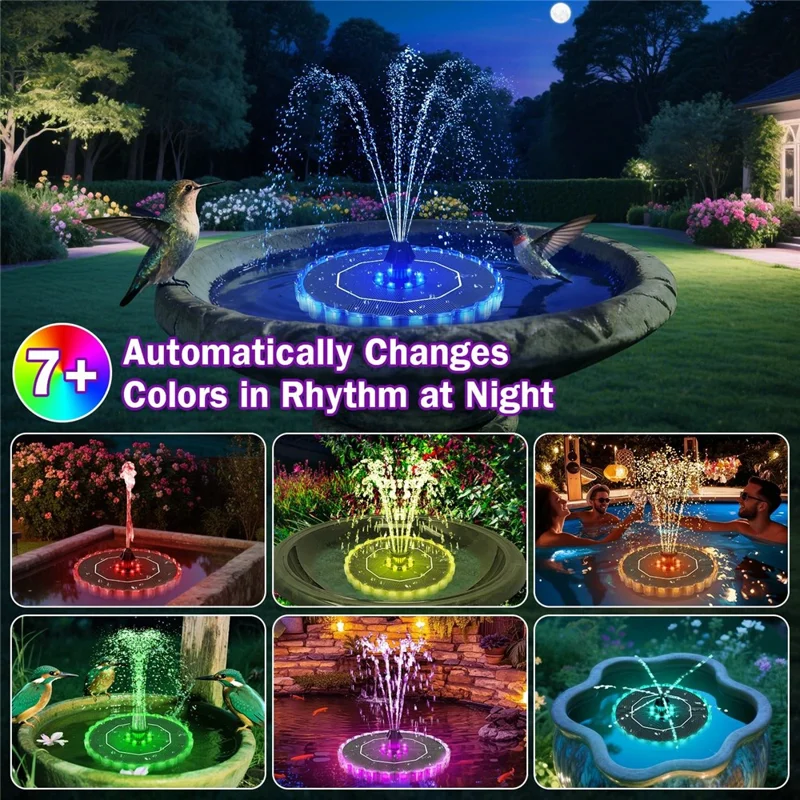 SP32D Solar Floating Fountain 32 LEDs 7-Color Changing 1200mAh Battery for Garden Pool Pond - Black