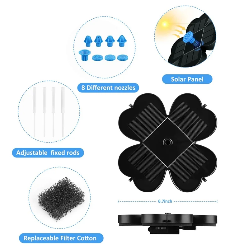 AS90A 1.6W Solar Powered Floating Fountain Pump with 8 Nozzles for Bird Bath Pond Garden - AS90A2