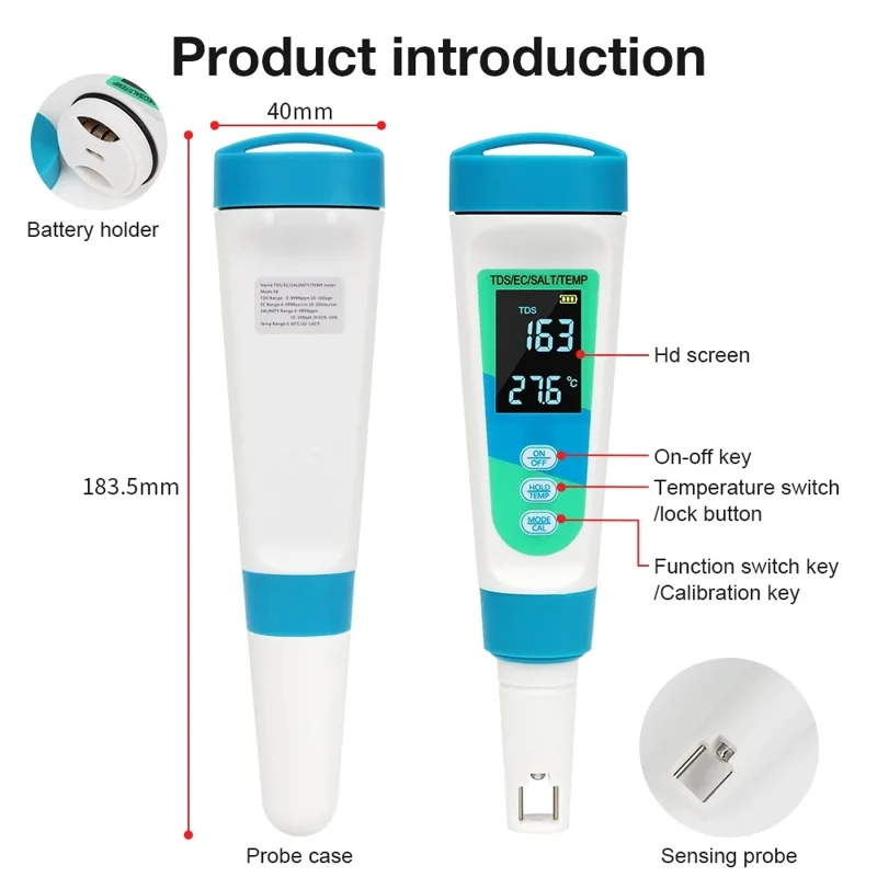MF-S6 Water Quality Tester 4 in 1 TDS EC Salt Temp Meter for Drinking Water Aquarium Pool