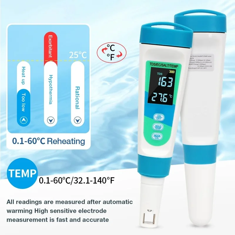 MF-S6 Water Quality Tester 4 in 1 TDS EC Salt Temp Meter for Drinking Water Aquarium Pool