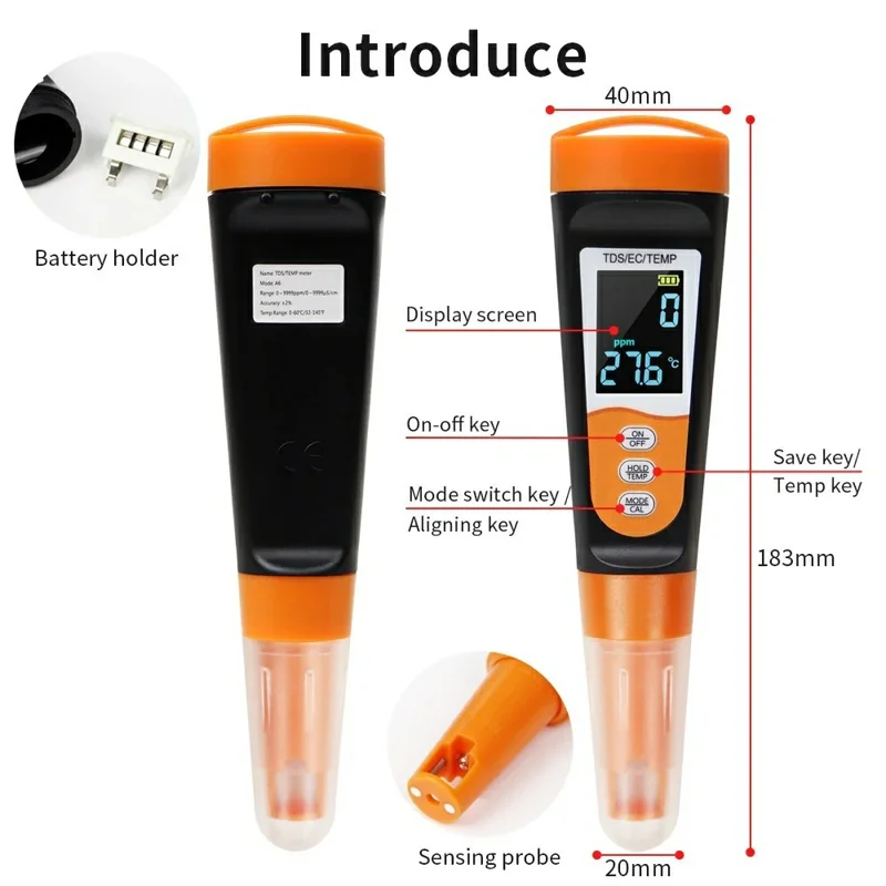 TDS-A6 TDS / EC / TEMP 3 em 1 Medidor de Qualidade da Água 0-9999ppm Medidor Digital de TDS