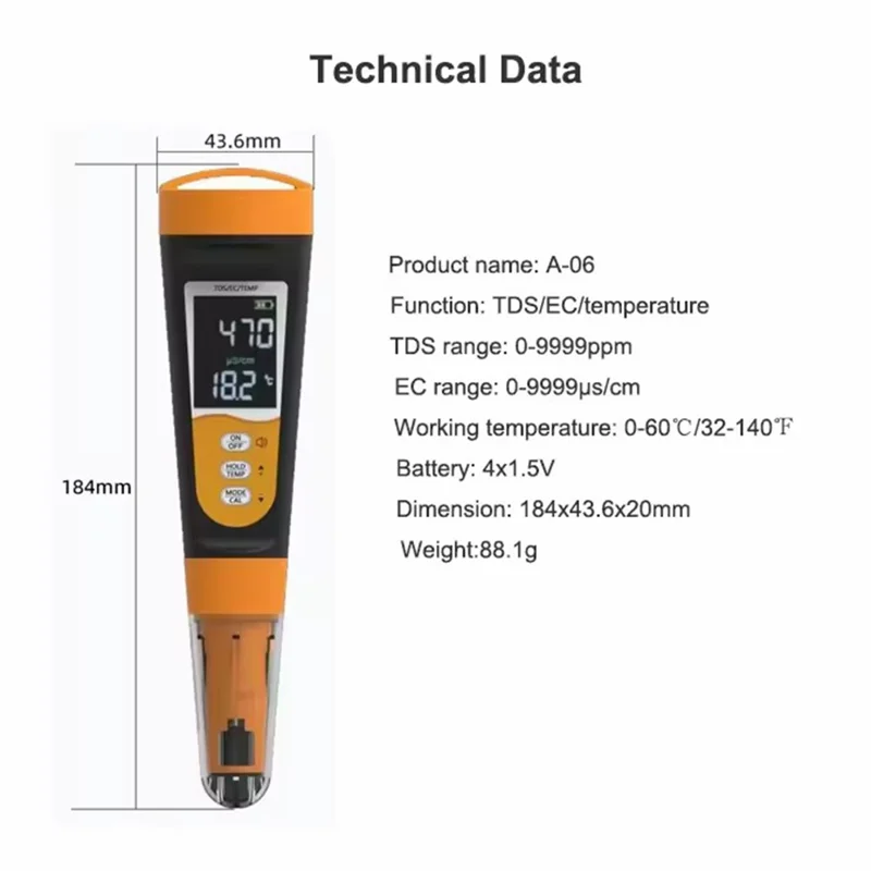 TDS-A6 TDS / EC / TEMP 3 em 1 Medidor de Qualidade da Água 0-9999ppm Medidor Digital de TDS