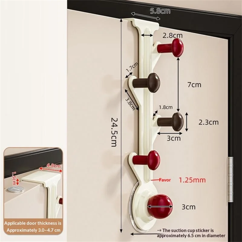 5-Hook Over Door Hanger Rack No Drilling Suction Cup Mount Storage Organizer - Creamy White + Red