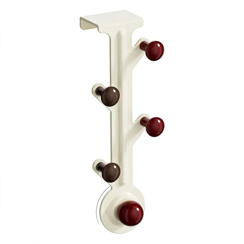 5-Hook Over Door Hanger Rack No Drilling Suction Cup Mount Storage Organizer - Creamy White + Red