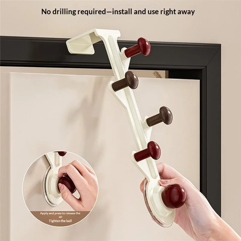 5-Hook Over Door Hanger Rack No Drilling Suction Cup Mount Storage Organizer - Creamy White + Red