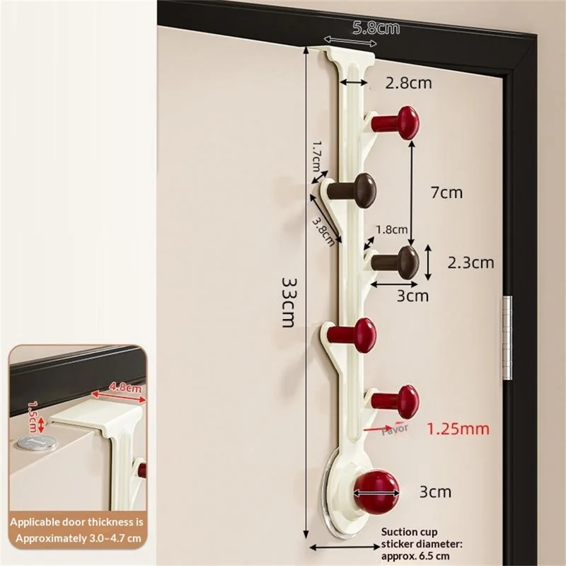 6-Hook Over Door Hanger Rack No Drilling Suction Cup Mount Storage Organizer - Creamy White + Red
