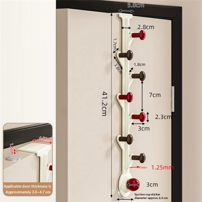 8-Hook Over Door Hanger Rack No Drilling Suction Cup Mount Storage Organizer - Creamy White + Red