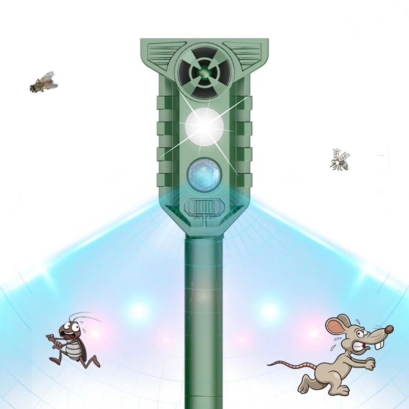 H7019 Solar Animal Repeller Infrared Sensor Ultrasonic LED Strobe for Outdoor Pest Control - Olive Green