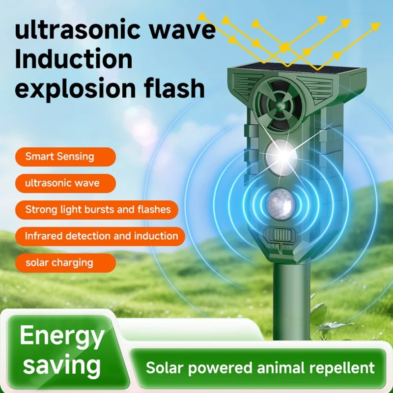 H7019 Solar Animal Repeller Infrared Sensor Ultrasonic LED Strobe for Outdoor Pest Control - Olive Green