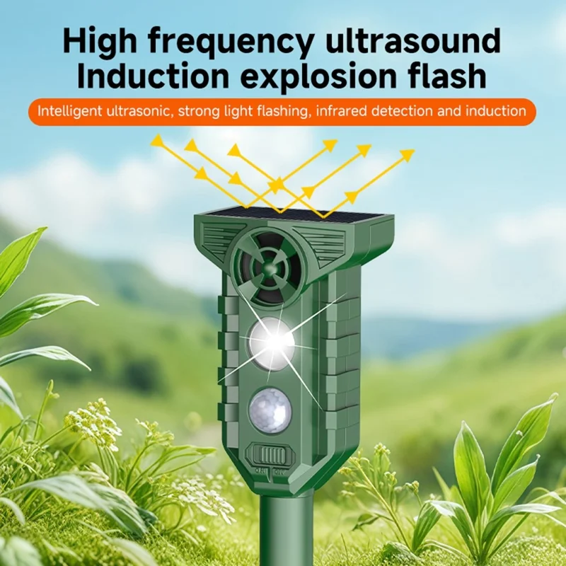 H7019 Solar Animal Repeller Infrared Sensor Ultrasonic LED Strobe for Outdoor Pest Control - Olive Green
