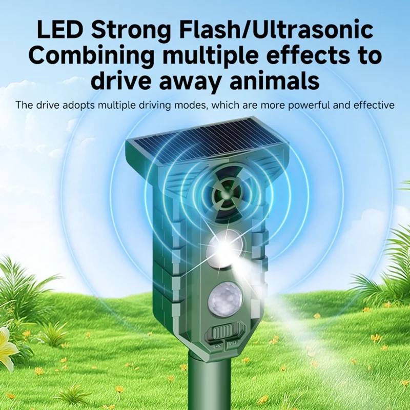 H7019 Solar Animal Repeller Infrared Sensor Ultrasonic LED Strobe for Outdoor Pest Control - Olive Green
